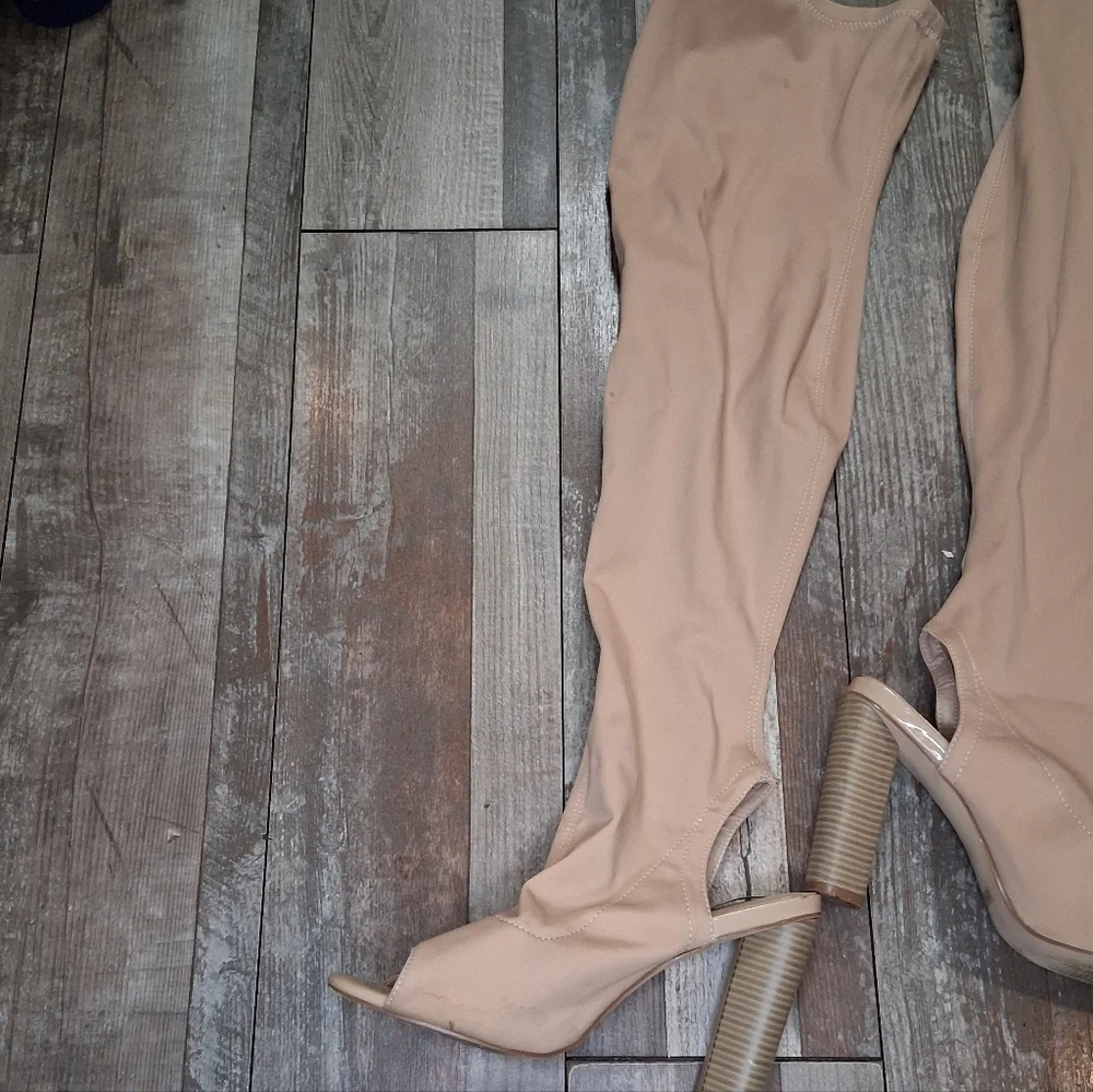 CAPE ROBBIN Connie Tan Thigh High Sock Peep Toe Y2K Block Heel Boots Size 8.5